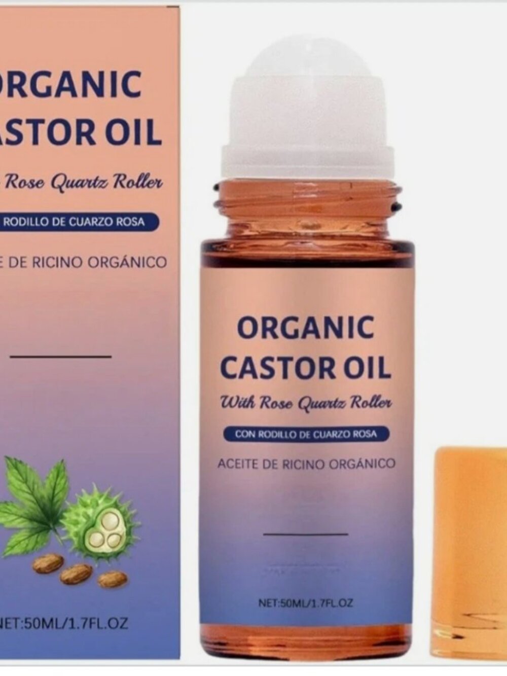 2X Organic Castor Oil + Rose Quartz Roller Set Cold Pressed Extra Virgin NEW